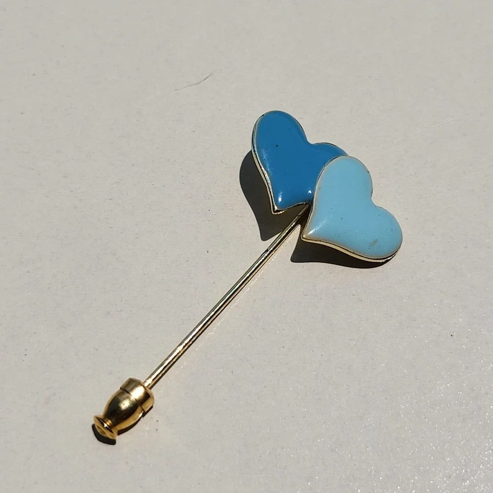 Vintage Enamel Metal Heart Stick Pin Blue Gold Tone Double Heart Lapel Pin